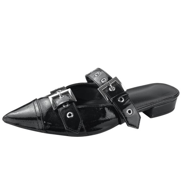 Shoe Dazzle Yasmeen Black Faux Patent Leather Buckle Strap Flats Mules Size 7.5 - Picture 1 of 6